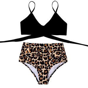 RUUHEE Women Criss Cross High Waisted String Leopard Print Bathing Suit​